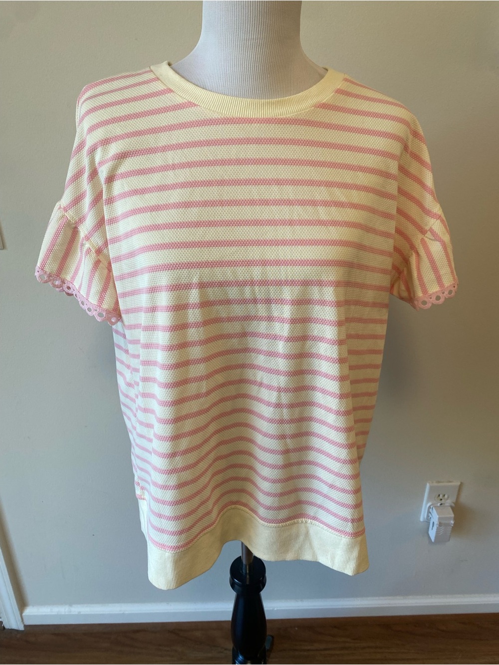 Pink & Yellow Striped Knit Top with Scallop Lace Trim Ruffle Sleeves